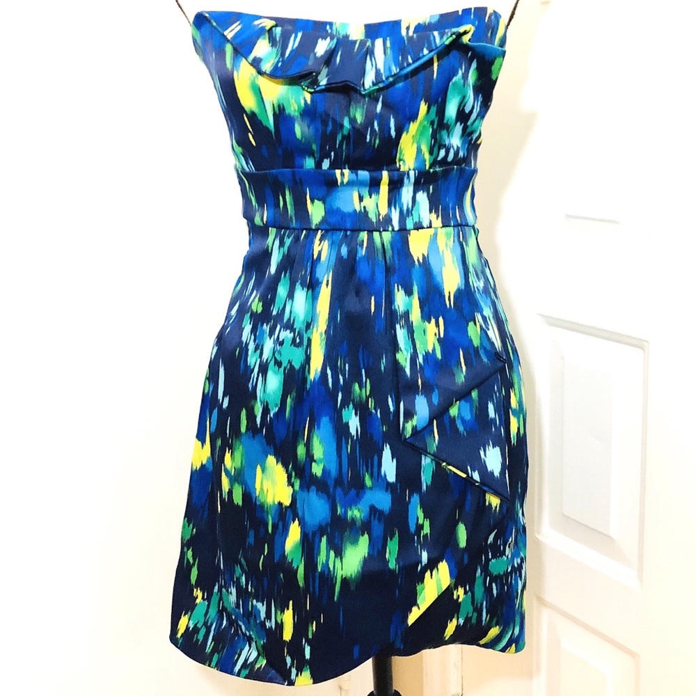 MetroPark Silk Ruffle Asymmetrical Strapless Dress